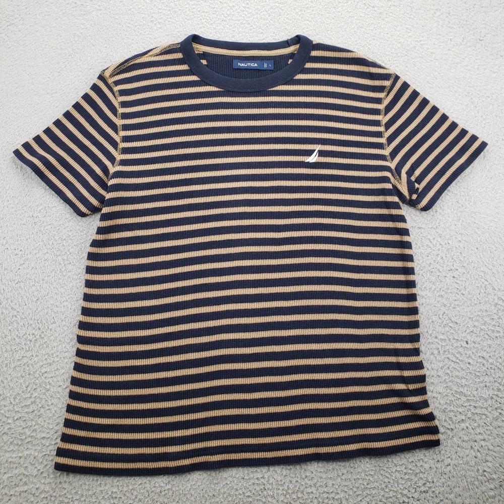 Nautica Shirt Mens Large Brown Heavy Striped Crew Neck Short Sleeve Logo Hiking